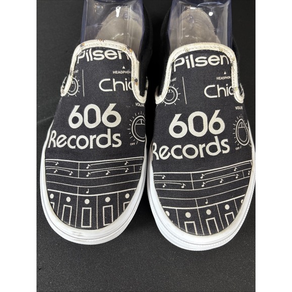 RARE Vans X 606 Records Custom Order Slip Ons, Discontinued, Black/White, Size 8 - Picture 5 of 9